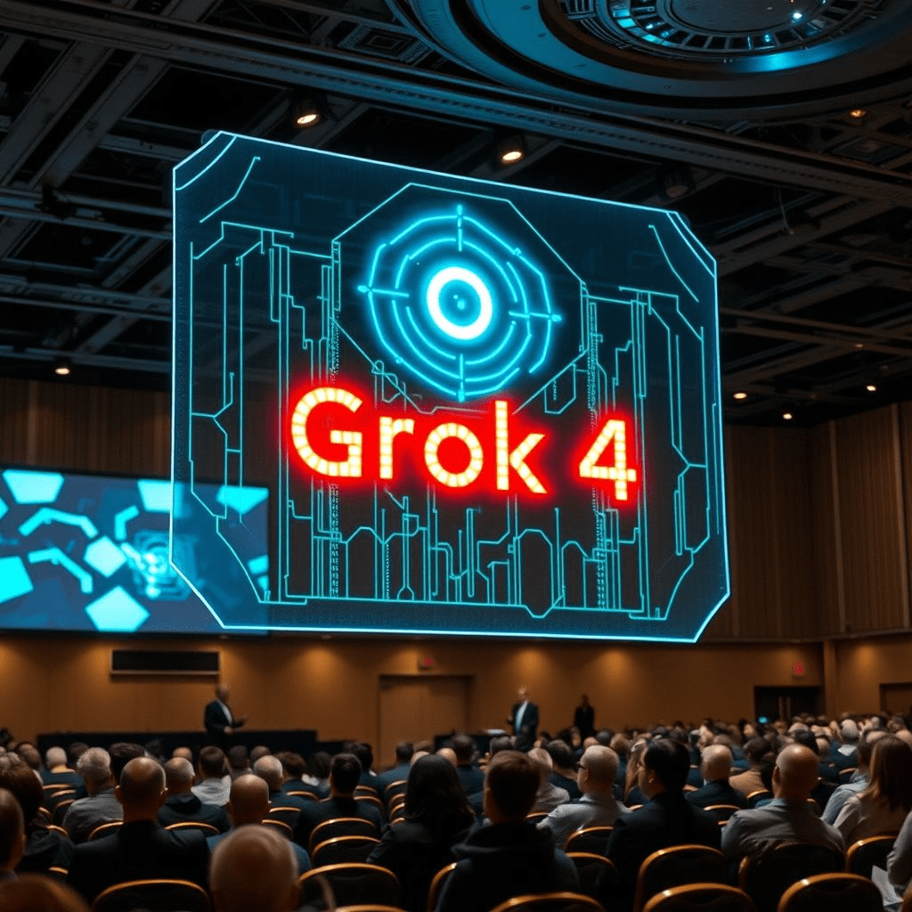Grok 4 AI model unveiled with glowing hologram
